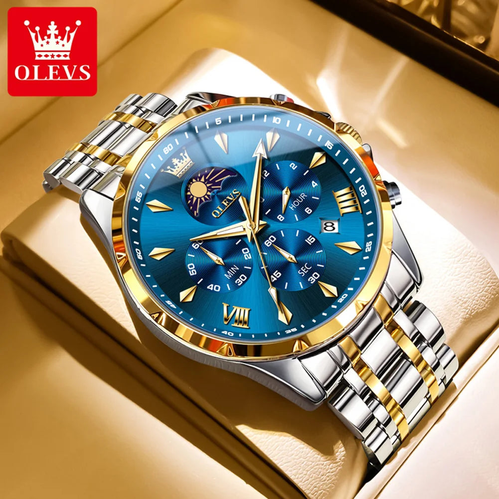 OLEVS 3653 Original Mens Quartz Watch NEW Four Functional Small Dials Chronograph 24-hour Moon Phase Stainless Steel Waterproof Man Wristwatch