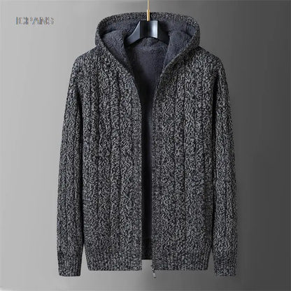 Men's Hooded Knit Winter Sweater Warm Fleece Liner Cardigan Black Khaki Knitwear Jacket Coat Clothing