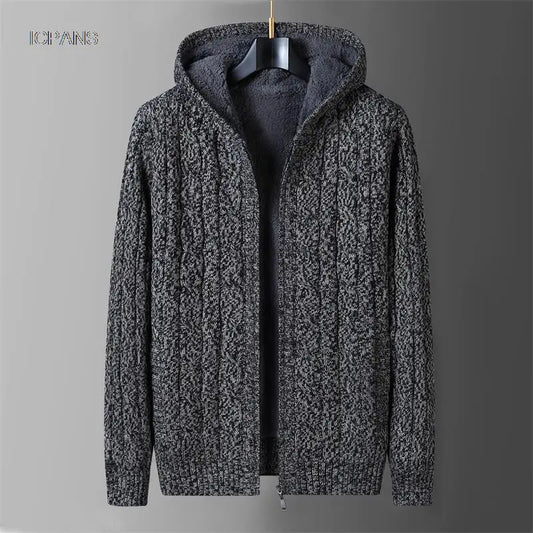Men's Hooded Knit Winter Sweater Warm Fleece Liner Cardigan Black Khaki Knitwear Jacket Coat Clothing
