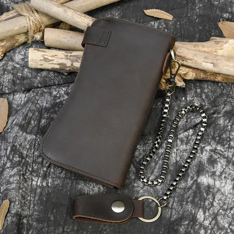 Men's Genuine Leather Wallet Chain Snap Bifold Purse Crazy Horse Leather Card Case Phone Card Holder Clutch Dragon Wallet