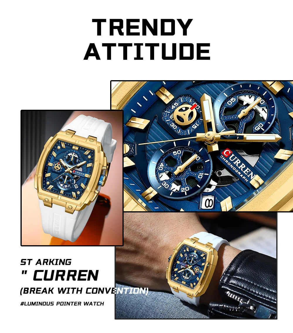 CURREN Luxury Vintage Watch for Men Sports Chronograph Quartz Wristwatches with Silicone Strap,Date,Luminous