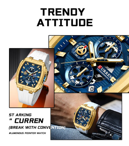 CURREN Luxury Vintage Watch for Men Sports Chronograph Quartz Wristwatches with Silicone Strap,Date,Luminous