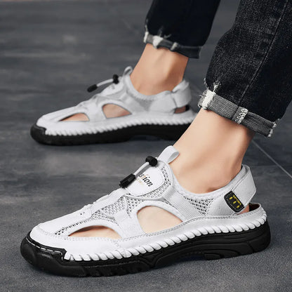 Men's Handmade Simple Letter-Print Sandals, Summer Beach Hollow Sandals, Fashionable Velcro Men's Shoes, Outdoor Hiking and River-Tracing Shoes, Comfortable, Breathable, Wear-Resistant, Non-Slip, Large Size Men's Shoes
