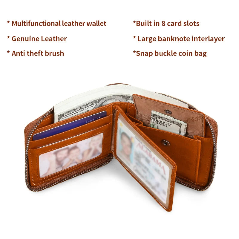 Wallet for men genuine leather zipper wallet, change card bag, all-in-one wallet, trendy short clip for men