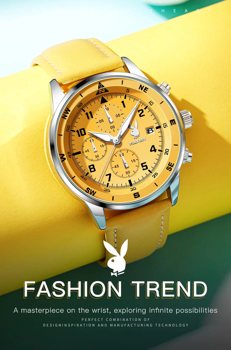 PLAYBOY Luxury Quartz Men's Watches Fashion Casual Leather Strap Sports Chronograph Wristwatch Original Waterproof Watches 3303