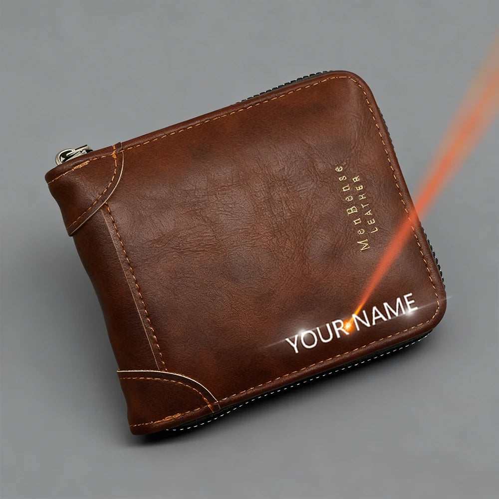 Big Capacity Men Short Wallets Name Engraving High Quality Card Holder Retro Male Coin Purse  Simple Zipper Men Money Clips