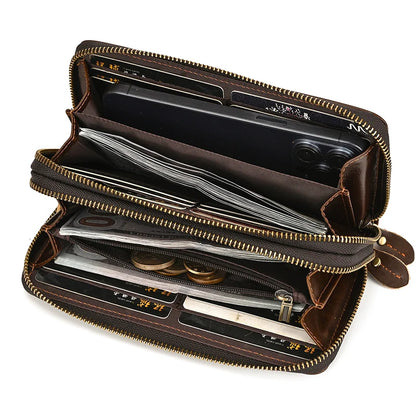 Luufan Vintage Crazy Horse Leather Men Women Long Purse Wallet Credit Card Double Zip Wallets Long Wallet Male Clutch Purse