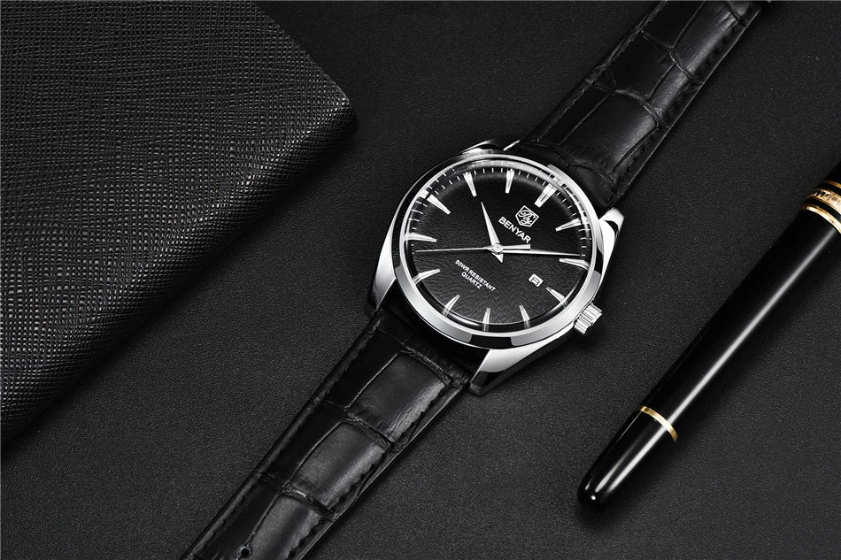 Benyar 5163 Top Brand Luxury Military Wristwatches Leather Quartz Watches Waterproof Simple Watch for Men Reloj Hombre