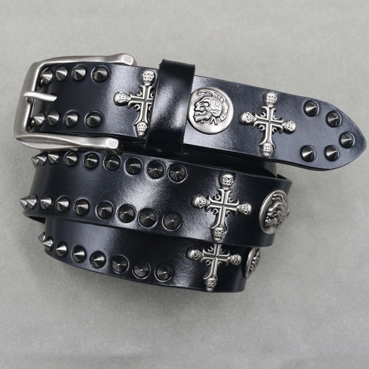 Metal Rivet Cowboy Belt Genuine Leather Cowskin Men Belt Punk Rivet Jeans Belts For Men Ceinture Homme Cinturones Hombre