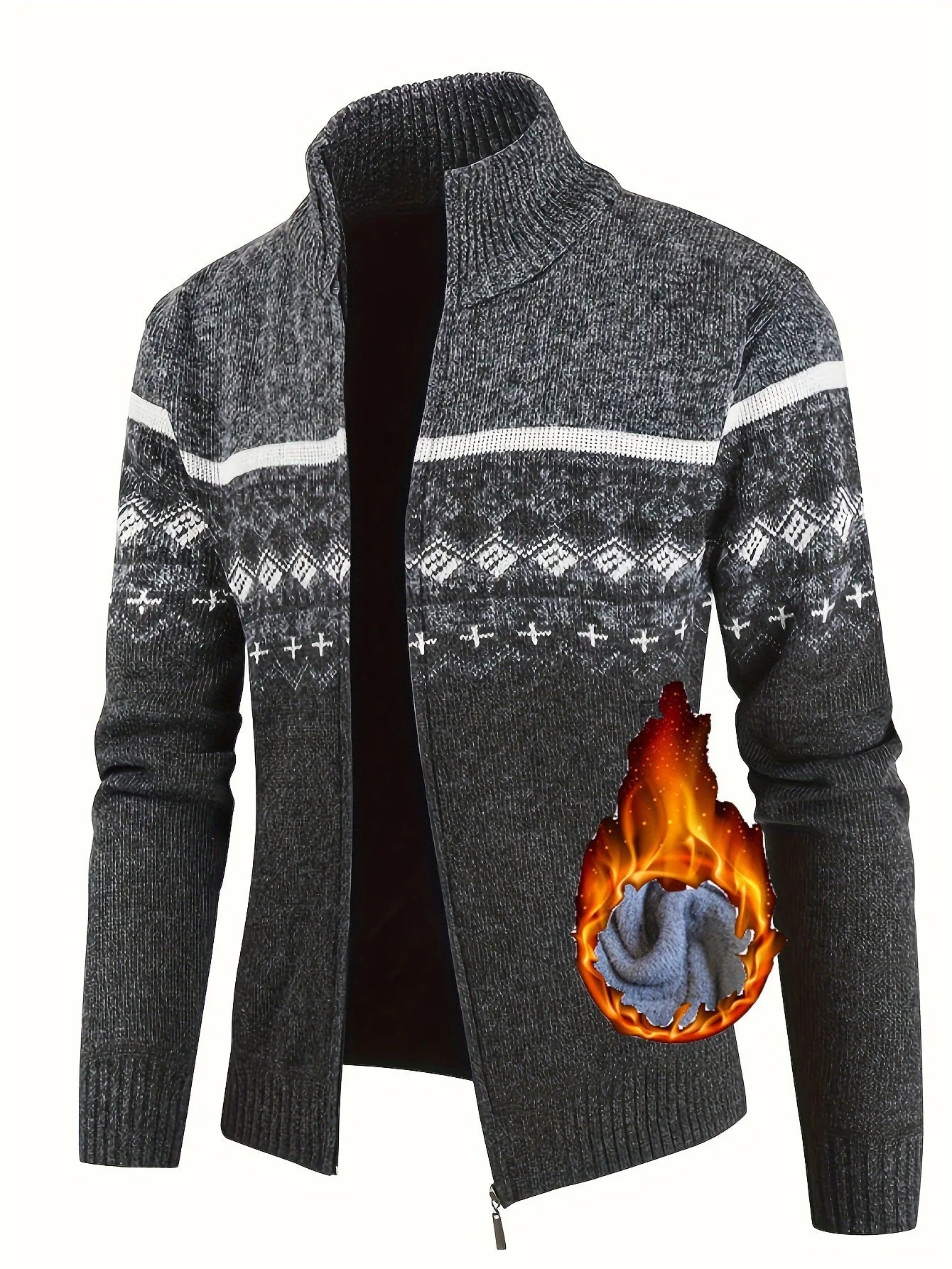Men's Zip Up Fair Isle Cardigan Sweater Warm Knit Jacquard Stand Collar Casual Winter Pullover with Thermal Lining