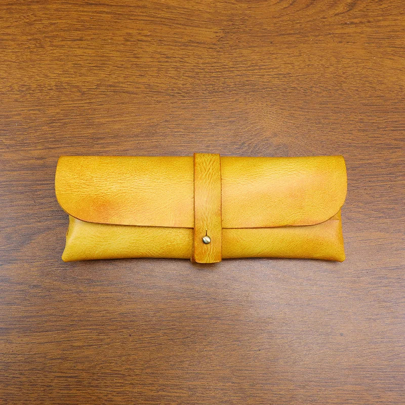 Genuine Leather Men Pencil Bag Handmade Wallet Large Capacity Retro Glasses Storage Bag Stationery Pencil Case Unisex Purses