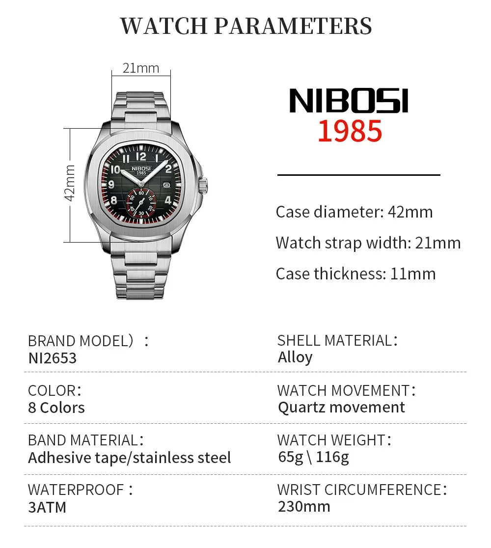 NIBOSI New Mens Watches Top Brand Luxury AQUANAUT Quartz Watches for Men Waterproof Luminous Auto Date Male Watch Reloj Hombre