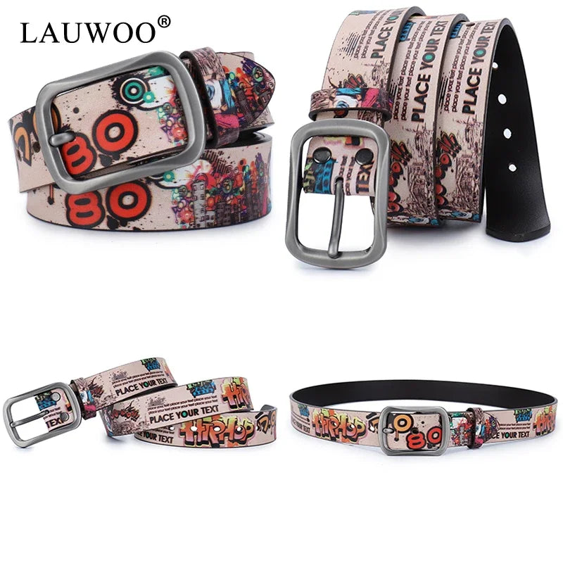 LAUWOO Women Belt Luxury Brand Genuine leather belt for men fashion printed belts  for women Retro Unisex Casual Jeans Belts