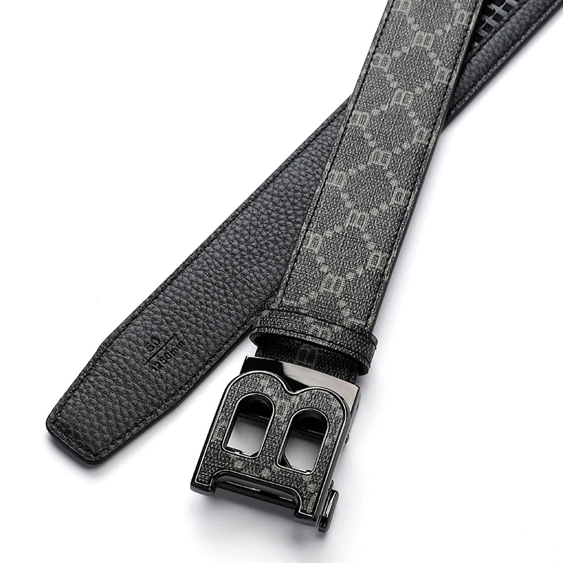 Classic B Print Leather Belt for Men - Adjustable Ratchet Buckle Dress Belt for Suits & Trousers