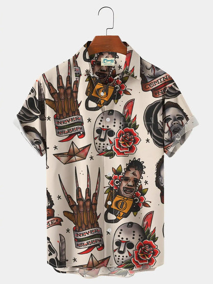 Summer New Retro Men's Shirt Devil Horror Skull Short Sleeve Shirt Collar 3D Printing