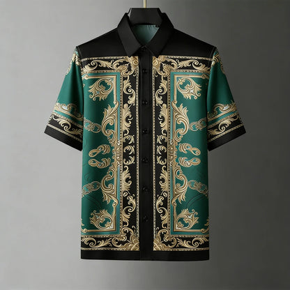 Men's Fashion Retro Breathable Soft Short Sleeve Shirt Gold Pattern Natural 3D Printed Shirt Men's Wedding Casual Party Tops Men