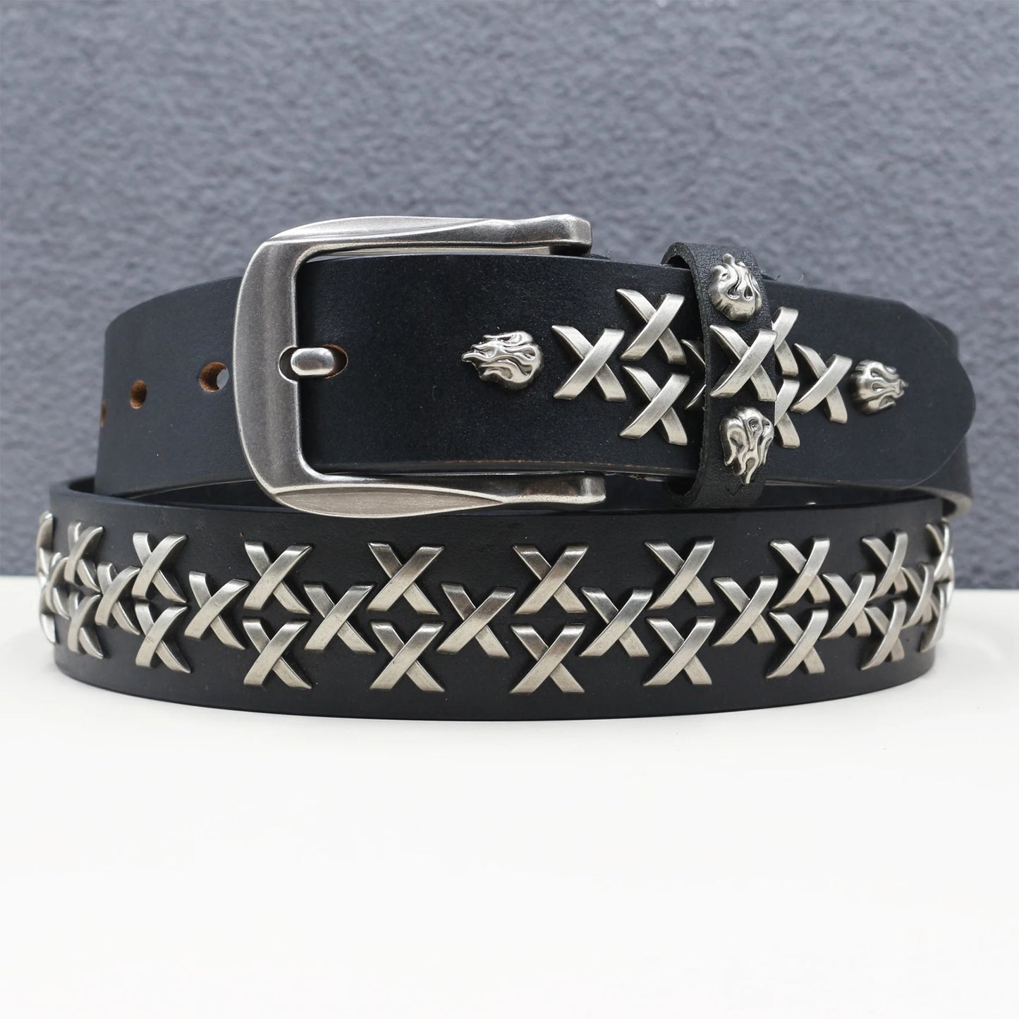 Rock Genuine Leather Luxury Punk Belt Jeans Heavy duty Hollow manual  Designer Brand Belt Men Rivet Three-pin buckle Belt Male
