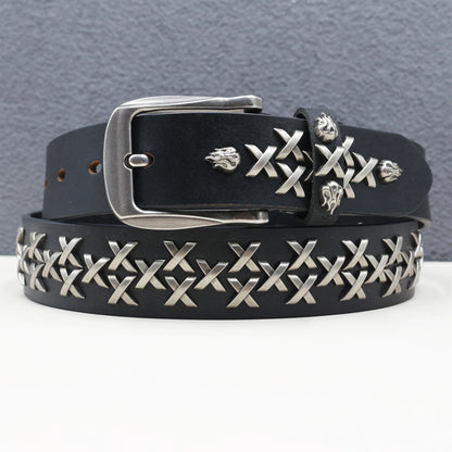 Rock Genuine Leather Luxury Punk Belt Jeans Heavy duty Hollow manual  Designer Brand Belt Men Rivet Three-pin buckle Belt Male