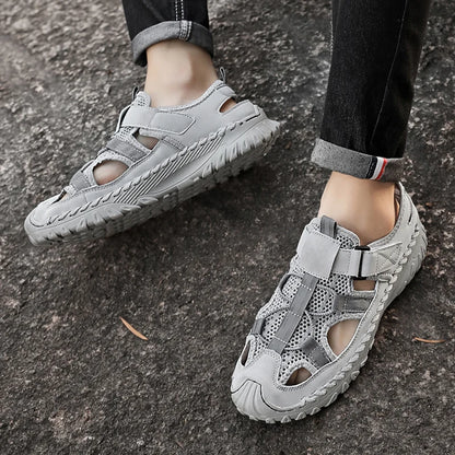 Men Outdoor Protective Toe Sandals Hollow Breathable Mesh Upper Quick Dry Lining Non Slip Walking Camping Driving Casual Shoes