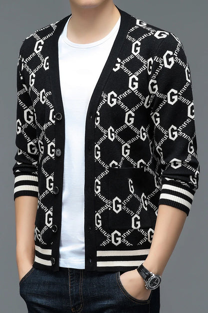 Autumn and Winter New Men's Trendy Brand Fashion Printed Top Long Sleeve Jacket Knitted Sweater for Men