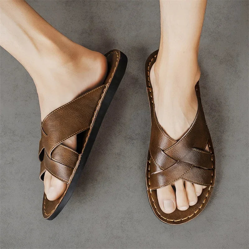 Genuine Leather Men Casual Sandals Summer Mens Slippers Outdoor Breathable Beach Shoes Comfortable Flats Men Flip Flops Size 48