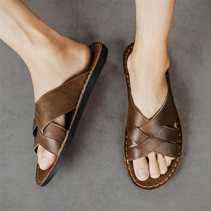 Genuine Leather Men Casual Sandals Summer Mens Slippers Outdoor Breathable Beach Shoes Comfortable Flats Men Flip Flops Size 48