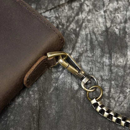 Men's Genuine Leather Wallet Chain Snap Bifold Purse Crazy Horse Leather Card Case Phone Card Holder Clutch Dragon Wallet