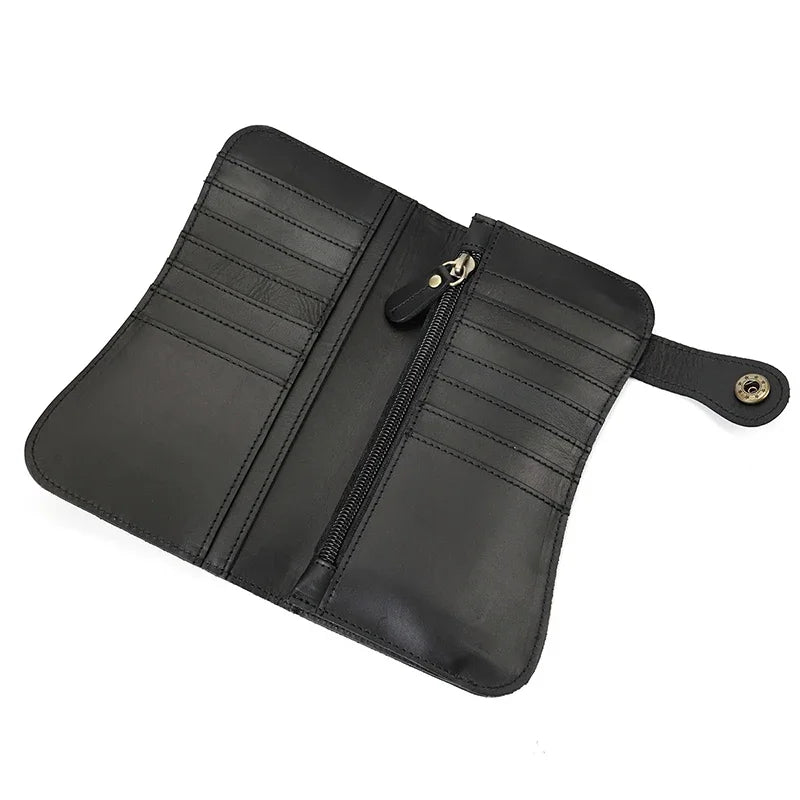 Men's Genuine Leather Wallet Chain Snap Bifold Purse Crazy Horse Leather Card Case Phone Card Holder Clutch Dragon Wallet