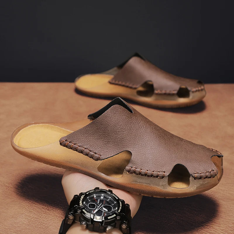New Quality Leather Non-Slip Slippers Men Beach Sandals Comfortable Summer Shoes Men Slippers Classics Men Flip Flops Big Size
