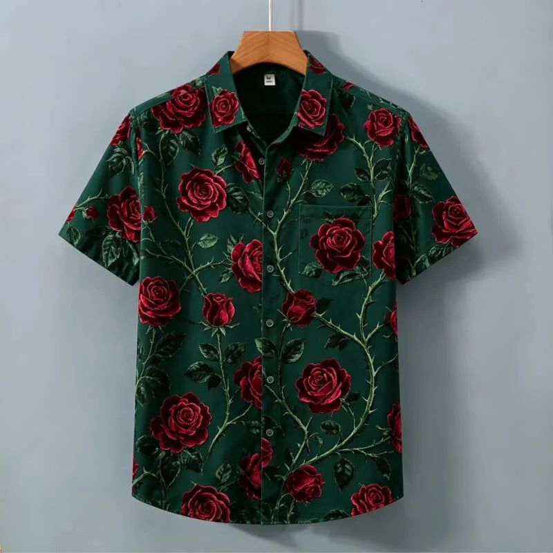Men's Retro Floral Printed Short Sleeved Shirt With pockets, Elegant Retro style, For commuting, Light vacations, Dates