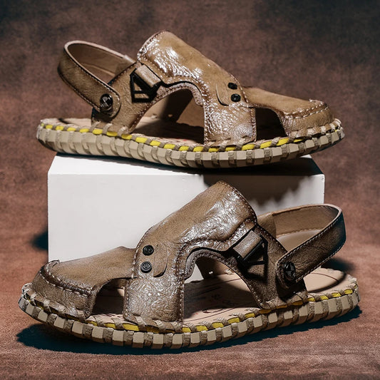 Handmade Men's Summer Sandals Genuine Leather Beach Rubber Flip Flops Classic Roman Male Sandals Outdoor Dual-Purpose Slippers