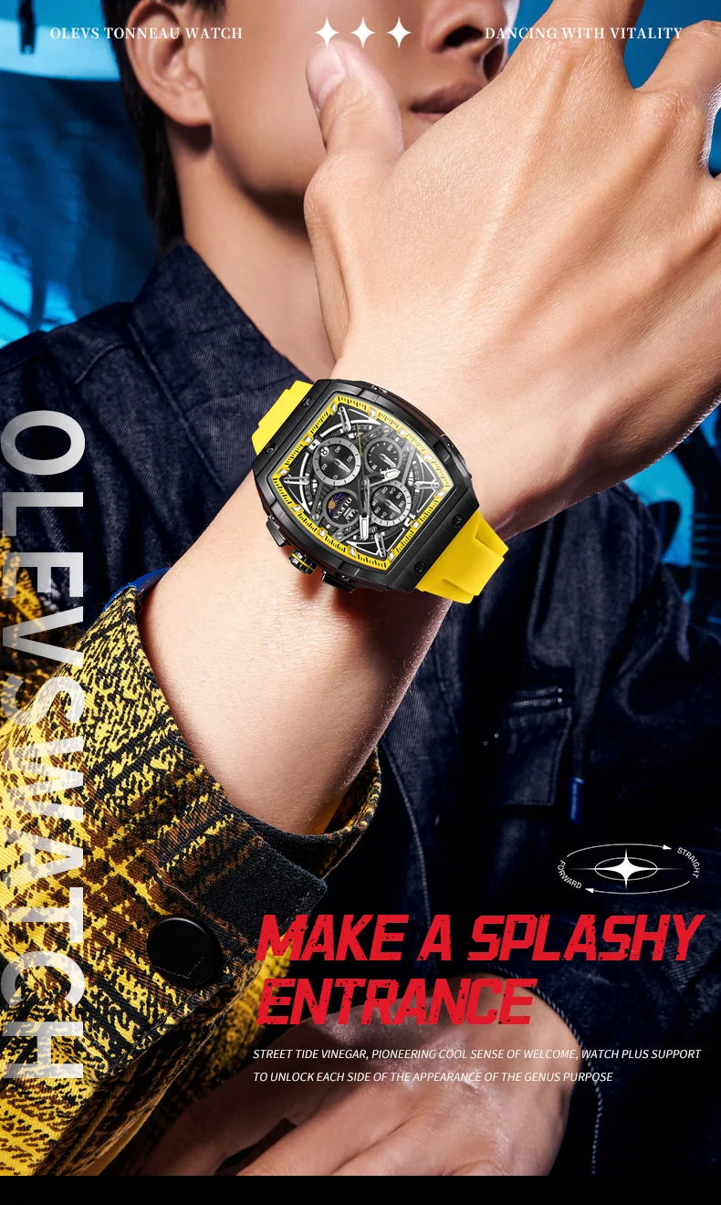 OLEVS 2975 Men's Watches Hollowed Quartz Wristwatch Silicone Strap Tonneau Large Dial Design Waterproof Luminous Watch for Men