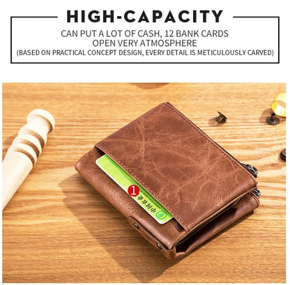 BULLCAPTAIN retro leather men's wallet leather zipper buckle short money wallet card holder coin purse RFID wallet QB06