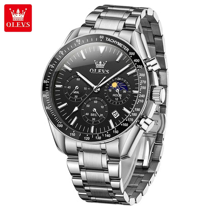 OLEVS 3618 Waterproof Luminous Date Moon Chronograph Wristwatches Mens Luxury Stainless Steel Quartz Watch for Men Reloj Hombre