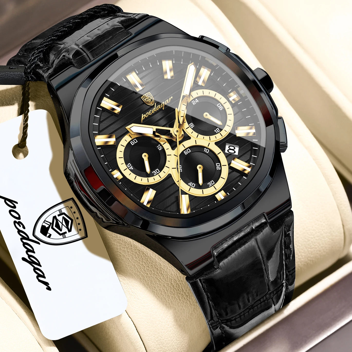POEDAGAR Top Business Man Wristwatch Date Chronograph Waterproof Luminous Luxury Men Watch Leather Quartz Men's Watches Male+Box