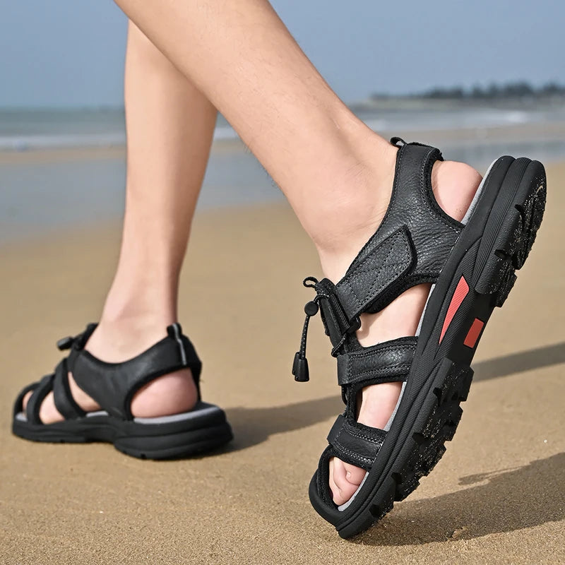 Genuine Leather Mens Water Beach Sandals Summer Closed Toe Sandals Non-slip Hiking Wading Sneakers Quick Dry Wading Aqua Shoes