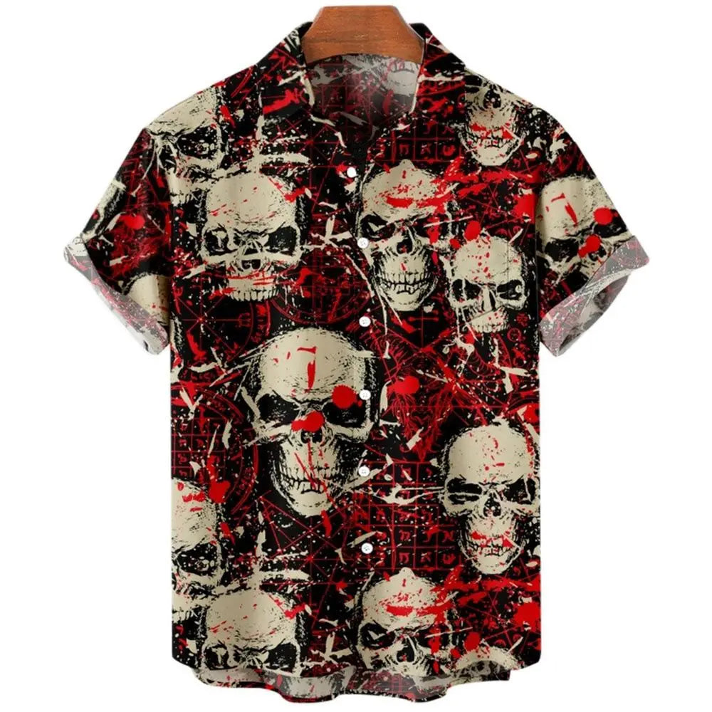Summer New Retro Men's Shirt Devil Horror Skull Short Sleeve Shirt Collar 3D Printing
