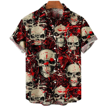 Summer New Retro Men's Shirt Devil Horror Skull Short Sleeve Shirt Collar 3D Printing
