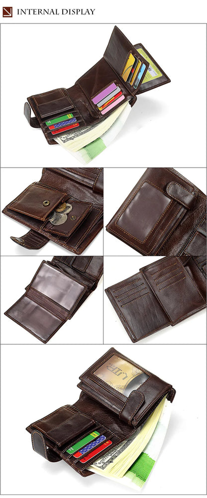 New Men Wallet Cowhide Genuine Leather Wallets Coin Purse Clutch Hasp Open Top Quality Retro Short Wallet Multi Cards Slots