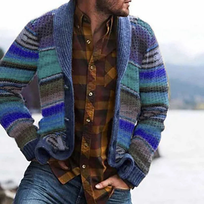 Mens 2026 Fall Winter Color Block Cardigan Collared Knit Sweater Jacket Casual Outerwear