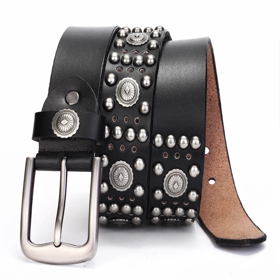 Men Belt Punk Rivet Jeans Belts For WOMEN  NEW Metal Rivet Cowboy Belt Genuine Leather Cowskin