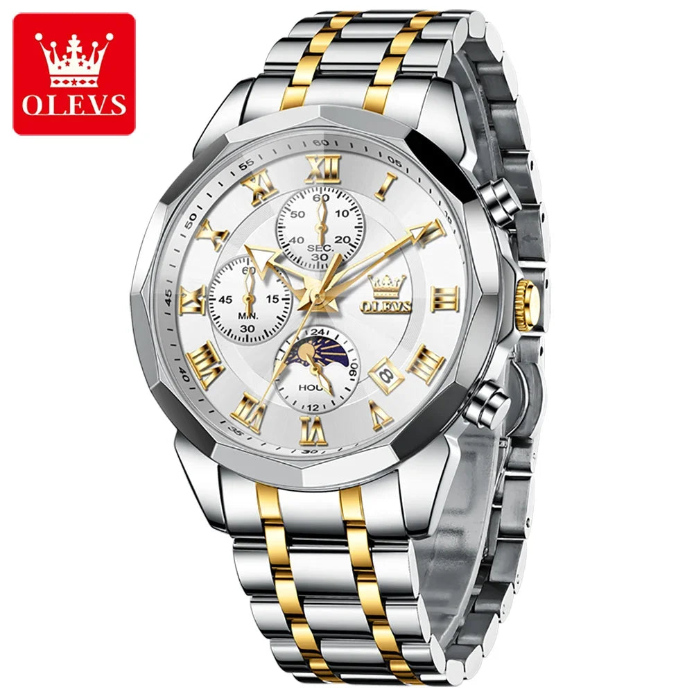 OLEVS 3675 Luxury Calendar Stainless Steel Quartz Mens Wristwatches Chronograph Waterproof Watch for Men Luminous Reloj Hombre