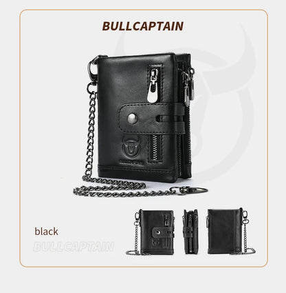 Bullcaptain Genuine Leather Men's Wallet Fashion Quality Travel Purse Rfid Protect Credit Card Holder Wollst for Men with Chain
