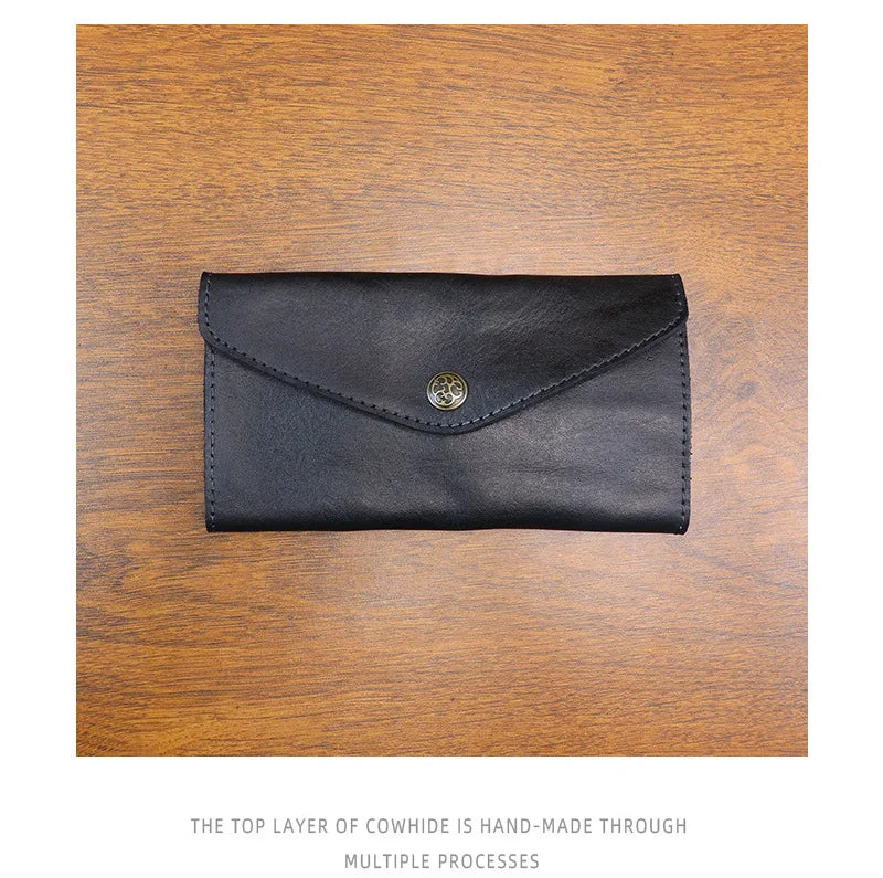 Genuine Leather Retro Men Handmade Wallet Handbag High Quality Phone Pocket Simple Card Bag Big Capacity Male Purses