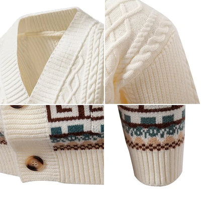 Men's Cable Knit Fair Isle Geometric Striped Cardigan V Neck Button Front Pocket Long Sleeve Sweater Autumn Winter Casual