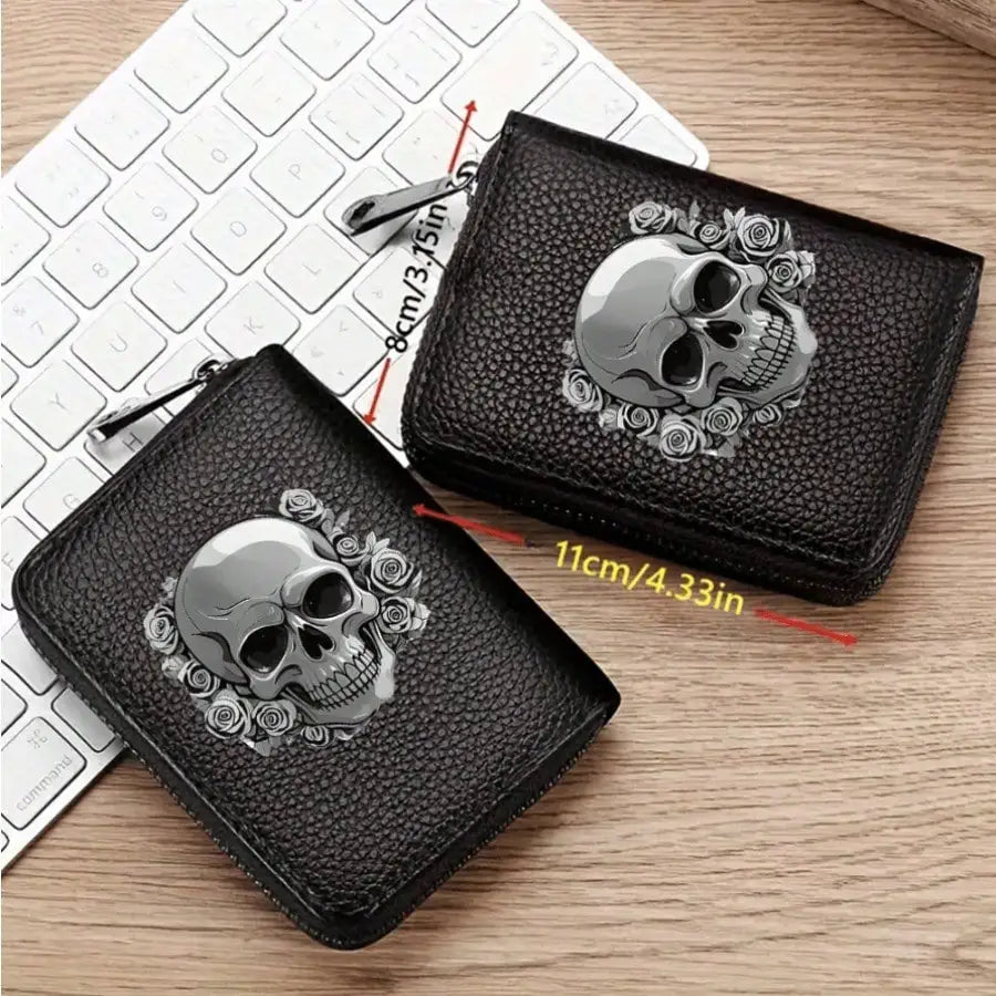 Gothic Skull Floral Print Wallet Multifunctional Card Holder Zipper Coin Purse Unique Gift For Men Mini Wallet Purse Card Holder