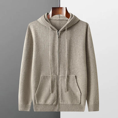 Autumn And Winter Men's 100% Pure Wool Cardigan Warm Zipper Hooded Casual Knitted Cashmere Coat