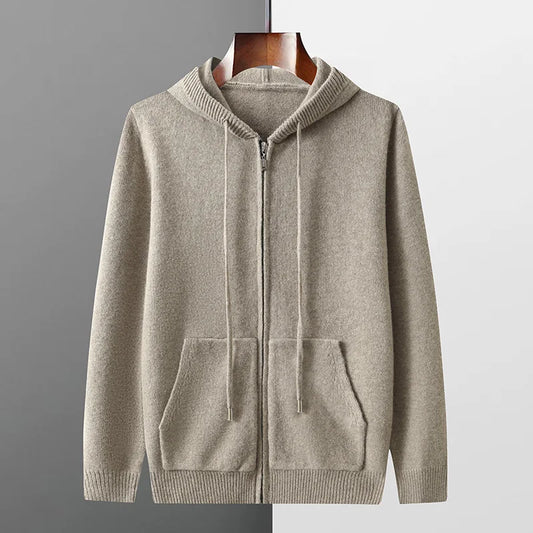 Autumn And Winter Men's 100% Pure Wool Cardigan Warm Zipper Hooded Casual Knitted Cashmere Coat