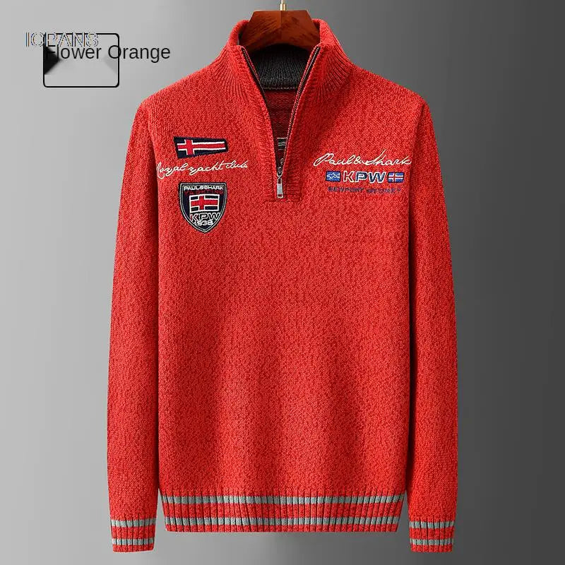 White Sweater Male Knitwear Shark Clothing Cotton Wool Jumpers Pullover Coats Jacquard Christmas Knitted Half Turtleneck Zip