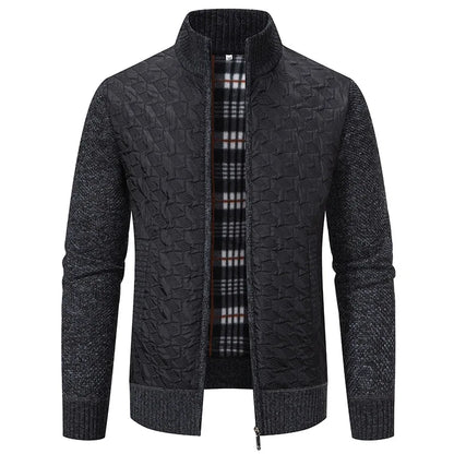 Mens Sweaters Jacket Full Zip Fleeced Sweater Cardigan Plaid Stand Collar Sweaters Coat Autumn Winter Homme Clothes